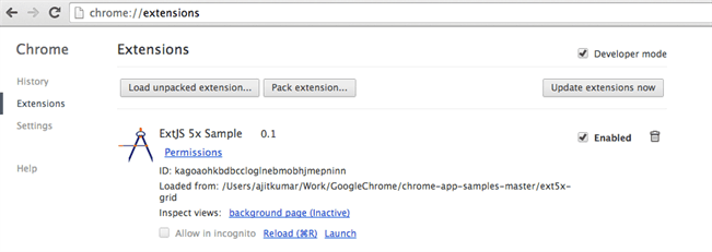 Extensions on the Settings tab and Developer Mode