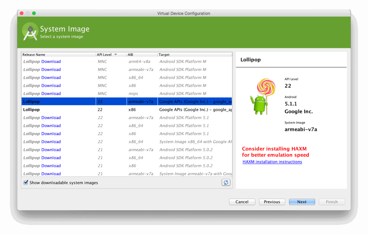 Installing Android Emulator System Lollipop 22