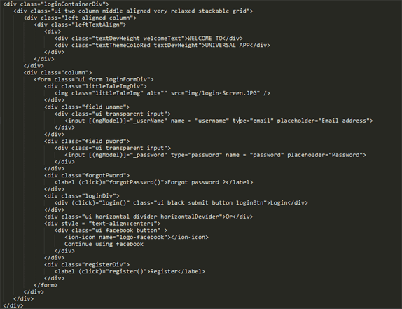 login page and component for web application